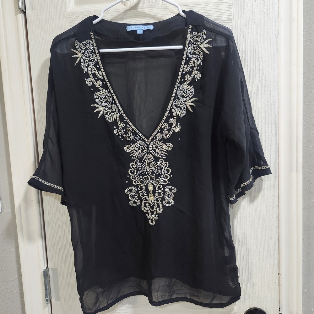 Antonio Melani Blouse S Black Sheer Beaded Embroidered Silk Tunic Top